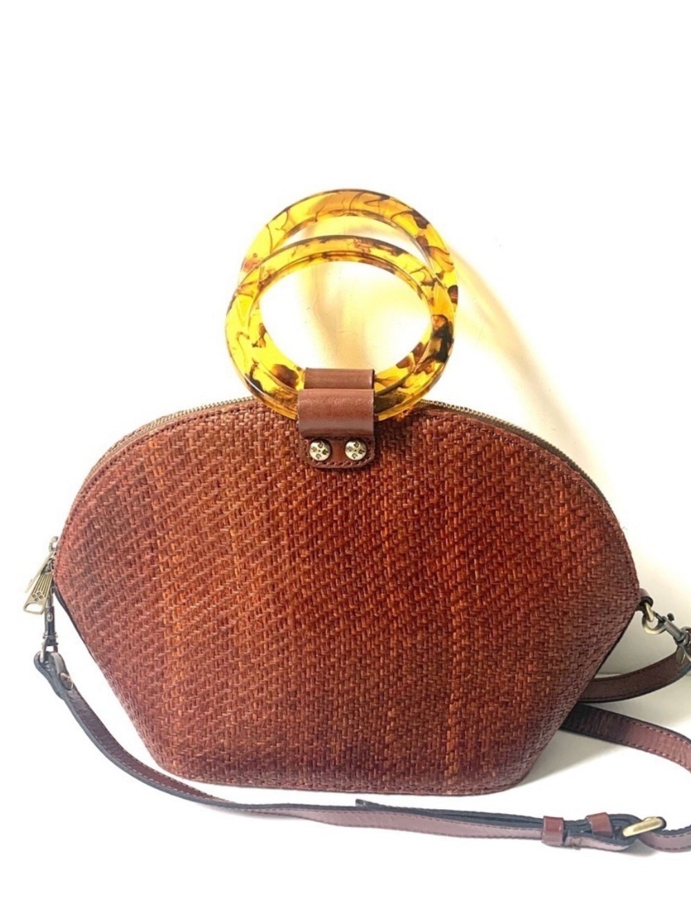 ▫️Patricia Nash Meldola Dome Tobacco Rafia Purse Bag Tortoise Acrylic Handle
